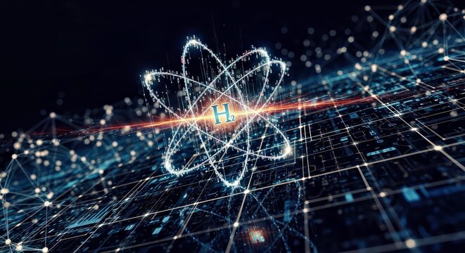 Digital Atomic Hydrogen Symbol With Glowing Network Background and Particle Effects