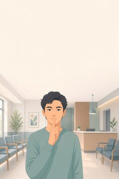 Young man making a silence gesture in a clinic waiting room, vertical with copy space