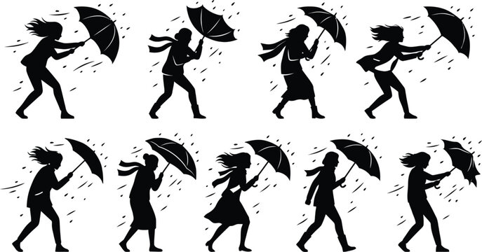 Woman walking with umbrella in rain animation sequence