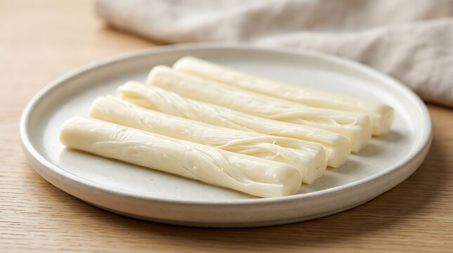 Minimalist String Cheese Sticks on White Plate Premium Dairy Snack Product Photography