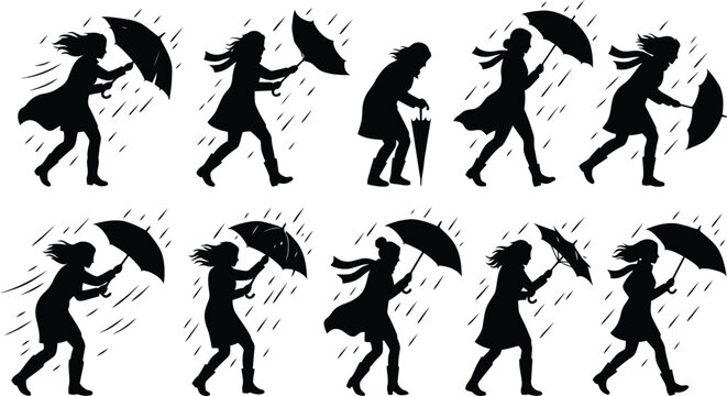 Woman walking with umbrella in rain animation