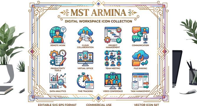 MST Armina Digital Workspace Icon Collection &ndash; 12 Vector Icons for Remote Work and Collaboration