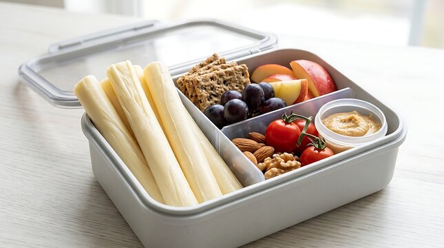 Premium Healthy Lunch Box with String Cheese Sticks Fresh Fruits and Nutritious Snacks