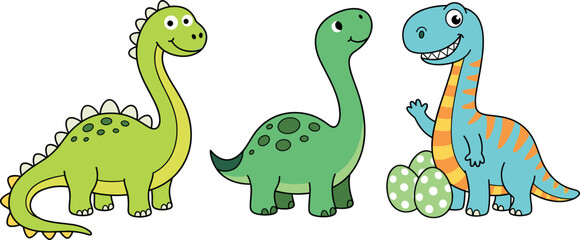 Happy cartoon dinosaur characters collection with green spotted eggs isolated on white background cute flat vector illustration. © RAJU