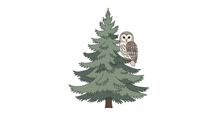 Obraz premium Cute cartoon owl perched on a green evergreen tree.