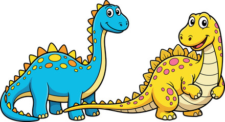 Happy blue and yellow cartoon dinosaurs with colorful spikes and spots isolated on white background vector illustration © RAJU