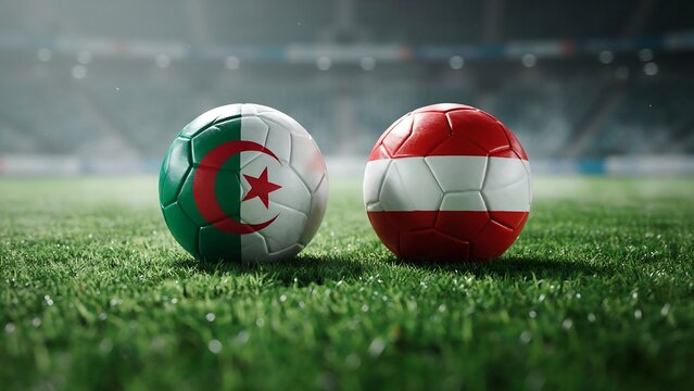 Soccer balls with Algeria and Austria flags on a professional stadium pitch during a night match event