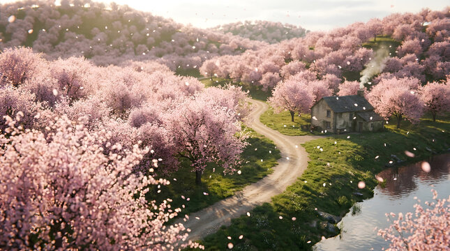 Aerial view of cherry blossom trees blooming along winding river in serene spring landscape
