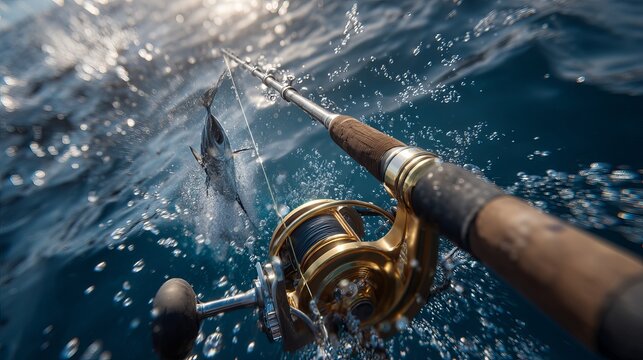 Small tuna fish jumping out of the deep blue ocean water while being pulled by a shiny gold fishing reel