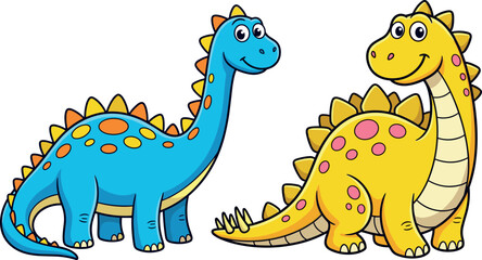 Cute blue and yellow cartoon dinosaur characters with bright spots isolated on white background vector illustration. © RAJU