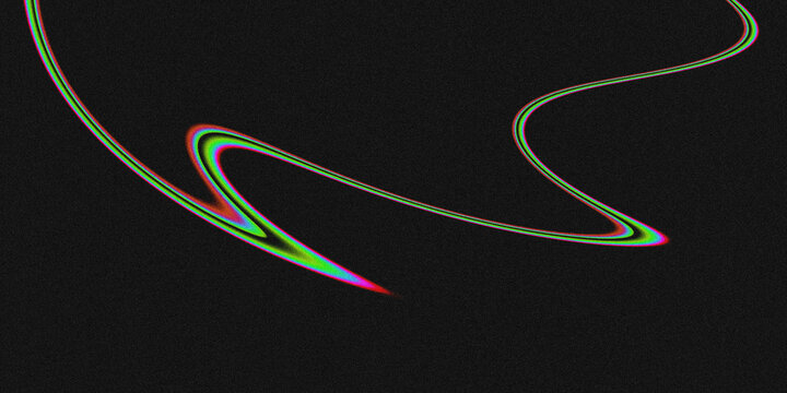 Dark grainy black textured backdrop with smooth flowing curved wave lines featuring vivid iridescent RGB glitch chromatic aberration rainbow gradient hues.