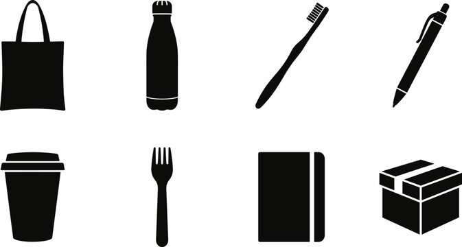 Set of eco friendly everyday lifestyle icons featuring reusable tote bag water bottle toothbrush coffee cup pen notebook and cardboard box