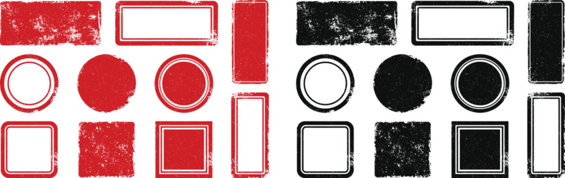 Grunge Stamp Shapes: Red & Black Distressed Squares, Circles & Rectangles &mdash; Textured Rubber-Stamp Frames Ideal for Labels, Badges & Vintage Graphic Design