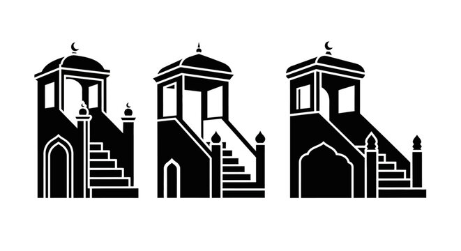 Islamic Minbar Icons: Three Mosques Pulpits with Crescent Moons