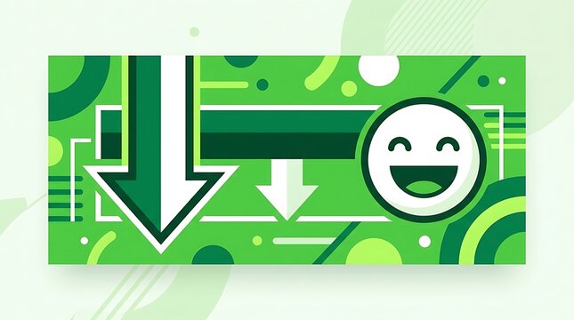 Green geometric background with downward arrows and a smiling face