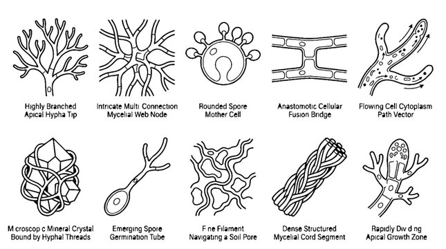 Scientific Illustration of Fungal Mycelium Growth Stages and Microscopic Hyphae Structures.