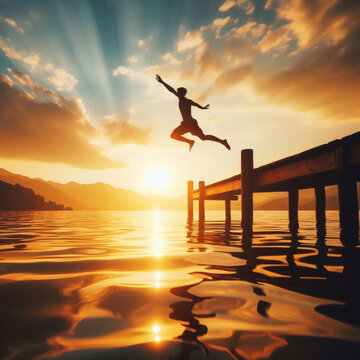 A Silhouette Of A Person Jumping Off A Wooden Dock Into A Lake During Golden Sunset