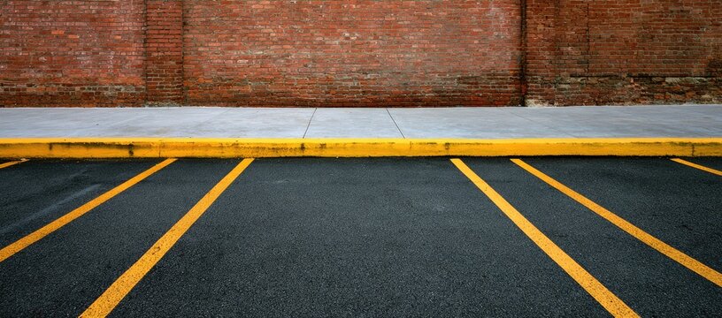 Empty parking spaces with yellow lines and a brick wall background