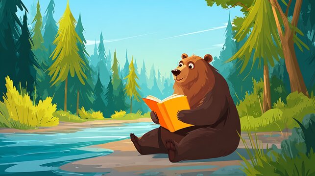 A friendly cartoon bear sits by a river in a forest reading a book representing education and nature