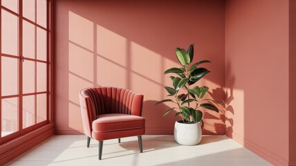 Fototapeta premium Elegant red velvet armchair standing near a green potted plant