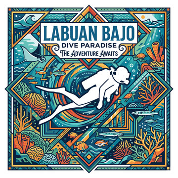 vector image of a poster of divers and marine life in Labuan Bajo, Indonesia