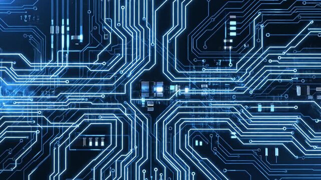 Blue electronic circuit board digital technology background pattern.