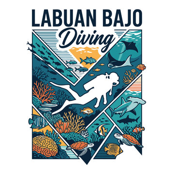 vector image of a poster of divers and marine life in Labuan Bajo, Indonesia