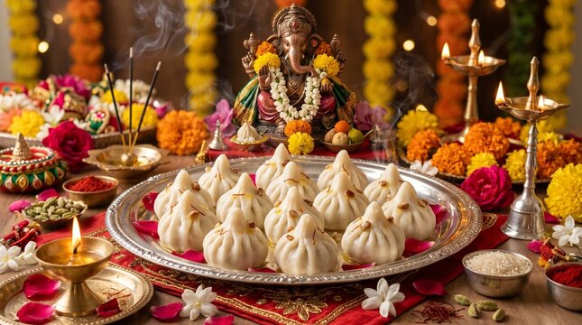 Traditional modak sweets served on silver plate for Ganesh Chaturthi puja offering with Lord Ganesha idol and brass oil lamps background