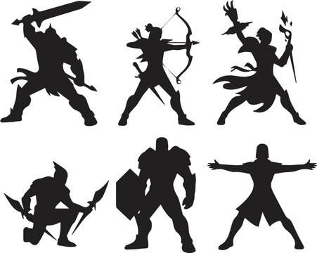 Collection of fantasy rpg warrior class character silhouettes with character