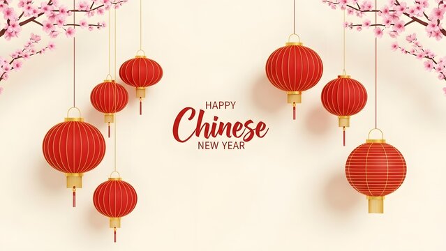 Happy chinese new year  with red lanterns and cherry blossoms