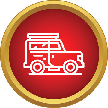 Off road vehicle icon in red and gold badge representing adventure travel
