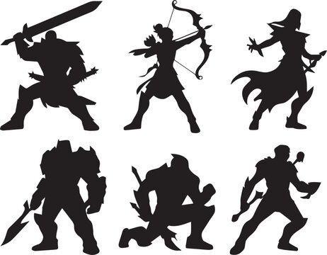 Dynamic fantasy battle class character silhouettes with character, silhouette