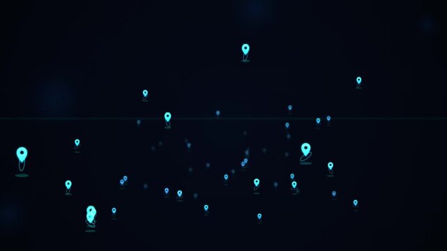 Animated blue map pins floating against a dark abstract technology background