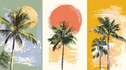 Obraz premium Summertime vector background with palm trees, bright sun, white brush strokes, hot sunny day graphic template with copy space