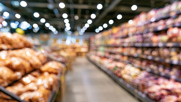 Blurred aisles display colorful goods, a vibrant marketplace perspective