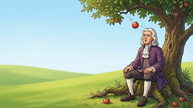 Scientist sitting under a tree as a red apple falls toward him