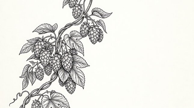 Hand drawn hop plant vine with cones on a white background