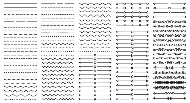 Decorative line dividers and borders set, black minimalist page separators, geometric dashed and wavy line collection for graphic design