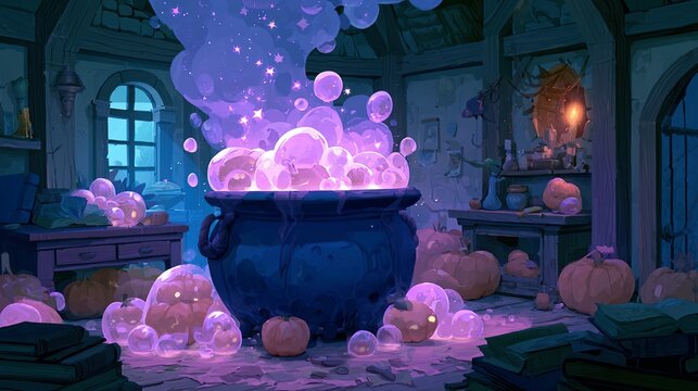 Magical cauldron where bubbles turn into tiny translucent glowing pumpkins as they rise situated under twilight night canopy with ambient glow magical