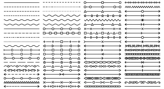 Minimalist decorative line dividers set, black geometric border ornaments, 64 vector style graphic separators for editorial design and web layouts