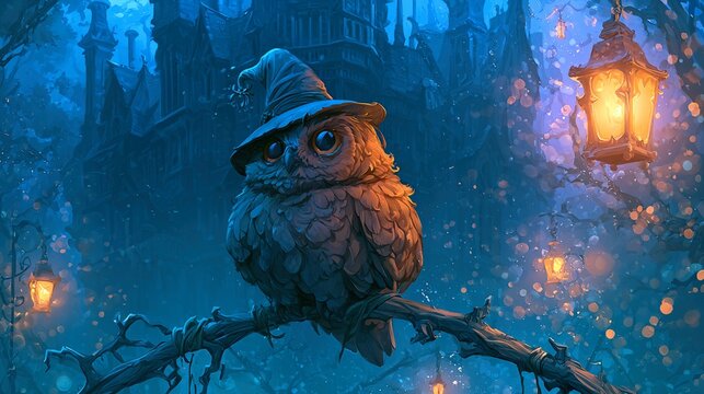 Wise owl wearing small wizard hat perched on skeletal branch, dark gothic manor in background set in mystical forest landscape