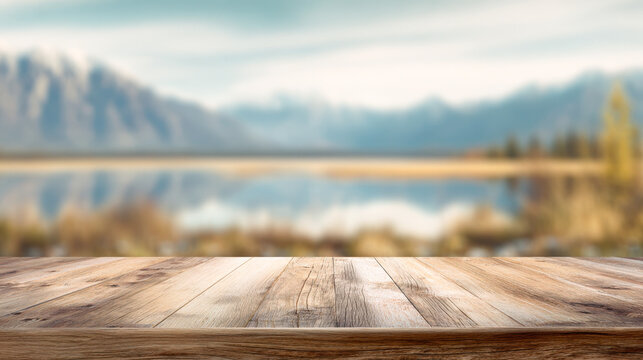 Cinematic nature scene with a wooden tabletop and blurred mountains over a reflective lake