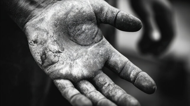 A close view of a worn worker's hand reveals calluses and scars, showcasing the effects of labor