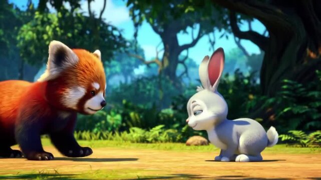 Cute 3d animated red panda and white rabbit.