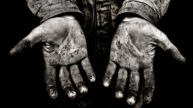 Hard work shown in hands of a laborer highlighted in monochrome style