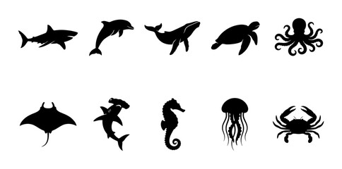 Fototapeta premium Marine Life Silhouette Icon Collection Set Featuring Various Underwater Sea Animals and Ocean Creatures