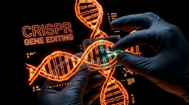 CRISPR gene editing concept showing DNA helix manipulation.
