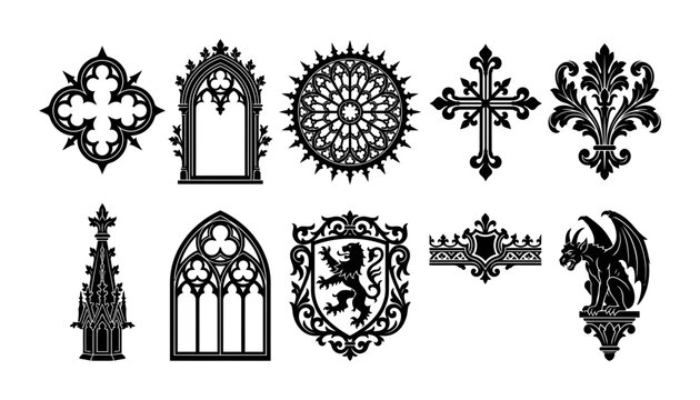 Set of Detailed Gothic Architecture Elements Featuring Ornate Windows Crosses and Mythological Gargoyle Silhouettes