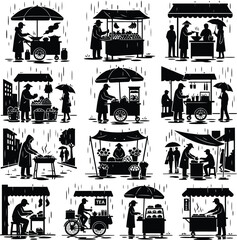 Fototapeta premium Street food vendors under umbrellas in rain