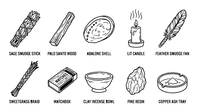 Hand drawn spiritual smudging ritual tools and cleansing ceremony equipment set.